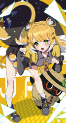 1girl absurdres bangboo_(zenless_zone_zero) black_shirt black_shoes black_shorts blonde_hair collared_shirt cropped_jacket exploreboo_(zenless_zone_zero) green_eyes highres jacket ju_fufu long_hair looking_at_viewer multicolored_hair paw_pose shirt shoes shorts smile solo tail tiger_girl tiger_tail two-tone_hair white_hair yamada_otonari yellow_jacket zenless_zone_zero