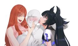 1boy 2girls absurdres anonymous_(4chan) bare_shoulders black_hair blue_eyes blush braid breasts cleavage cleavage_cutout clothing_cutout colored_skin drooling dude_that&#039;s_lewd ear_licking faceless faceless_male fingernails grey_skin hand_on_another&#039;s_face hands_on_another&#039;s_cheeks hands_on_another&#039;s_face highres jafarero large_breasts licking long_hair looking_at_another mamayunya meme_attire multiple_girls open-chest_sweater open_mouth pink_sweater purple_eyes red_hair ribbed_sweater saliva saliva_trail side_braid single_braid sleeveless small_breasts smile sweat sweater teeth tongue tongue_out turtleneck turtleneck_sweater twintails very_long_hair white_background yellow_nails