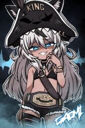 animal_ears belt blue_eyes bra bracelet dark-skinned_female dark_skin gaomi_goro grey_hair grin hat ink_(inksgirls) jewelry long_hair looking_at_viewer multicolored_hair pirate_hat ring short_shorts shorts smile stellarversepro tail tiger_ears tiger_girl tiger_tail two-tone_hair underwear