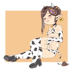 Rule 34 | 1girl, animal print, arulumaya, ass, bell, bikini, blush, breasts, brown eyes, brown hair, choker, cow print, cow print bikini, cow tail, ear tag, full body, granblue fantasy, hair bun, harvin, high heels, horns, neck bell, pointy ears, print bikini, print thighhighs, small breasts, solo, swimsuit, tail, thighhighs, yggsil