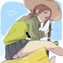 Rule 34 | 1girl, ass, ass focus, brown eyes, brown hair, clothes lift, ettone, hat, highres, houkago teibou nisshi, kuroiwa yuuki, skirt, skirt lift, straw hat