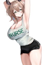 Rule 34 | 1girl, alternate costume, armpits, breasts, brown hair, casual, cleavage, dolphin shorts, green eyes, hair between eyes, highres, indie virtual youtuber, large breasts, nimi nightmare, one side up, redi (rasec asdjh), shorts, simple background, solo, tank top, thighs, virtual youtuber, white background, white tank top