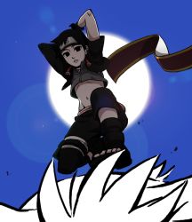 1boy black_eyes black_hair forehead_protector full_body gloves kamoi_hayato male_focus naruto_(series) naruto_shippuuden outdoors sai scroll sky solo sun