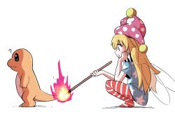 1girl ? blonde_hair blue_shirt charmander clownpiece commentary_request crossover fairy_wings fang fang_out fire flame-tipped_tail from_side gen_1_pokemon hand_on_own_cheek hand_on_own_face hat highres holding holding_torch jester_cap kurachi_mizuki lighting_torch long_hair nintendo no_shoes pantyhose pink_hat pokemon pokemon_(creature) polka_dot_headwear print_shirt profile red_eyes red_pantyhose shirt short_hair simple_background solo spoken_question_mark squatting star_(symbol) star_print striped_clothes striped_pantyhose t-shirt tail torch touhou white_background wings