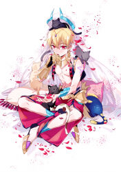 Rule 34 | 1boy, animal, animal on head, animal on lap, animalization, bare pectorals, black cat, black vest, blonde hair, cat, cat-shaped pillow, cat on head, cat on lap, e (h798602056), earrings, fate/grand order, fate (series), full body, gilgamesh, gilgamesh (caster) (fate), gilgamesh (fate), highres, jewelry, looking at viewer, male focus, navel, on head, on lap, ozymandias (fate), pants, pectorals, red eyes, red pants, red petals, short hair, simple background, slit pupils, solo, tongue, tongue out, vest, white background, white turban