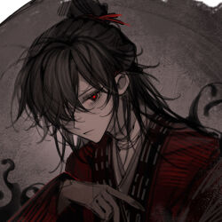 1boy bags_under_eyes bandaged_neck bandages black_eyes black_hair chinese_clothes chinese_commentary closed_mouth coat dao_gui_yi_xian grey_background grey_hanfu hair_bun hair_ornament hair_over_one_eye hair_stick half_updo hand_up hanfu highres li_huowang li_sui_(tentacles) limited_palette long_hair long_sleeves looking_at_viewer male_focus messy_hair no.9_yualuodesi_mimitongxinzhong one_eye_covered red_coat red_eyes red_pupils robe single_hair_bun solo tentacles upper_body wide_sleeves