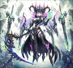 1girl album_cover arm_guards armor armored_boots black_sclera boots breasts character_request chunithm cleavage colored_sclera commentary_request copyright_notice cover fake_horns fire floating floating_object floating_weapon full_body green_fire holding holding_scythe holding_weapon horns k-suwabe looking_at_viewer medium_breasts navel official_art pale_skin pointy_ears purple_eyes purple_hair scythe solo weapon white_hair