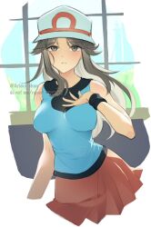 1girl ariekochan blue_shirt breasts brown_eyes brown_hair bucket_hat closed_mouth hat leaf_(pokemon) long_hair looking_at_viewer nintendo pokemon pokemon_frlg red_skirt shirt skirt sleeveless sleeveless_shirt white_hat wristband