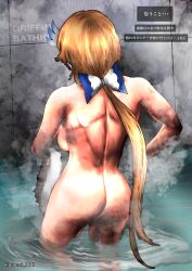 1girl absurdres ass back bare_shoulders bathhouse breasts brown_hair cleavage completely_nude defender_(girls&#039;_frontline) flower ghost_of_tsushima girls&#039;_frontline hair_ornament hair_ribbon highres holding long_hair meimushi nude ribbon scene_reference solo steam