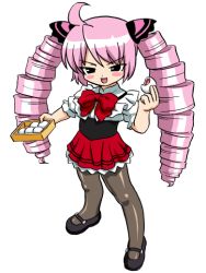 1girl bandabekken black_legwear female_focus food full_body simple_background solo standing tagme white_background