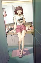 1girl black_eyes bra brown_hair cosmetics fingernails full_body hair_slicked_back hair_straightener highres holding holding_phone indoors kimura_731 knees legs light_blush lipstick_tube looking_at_phone makeup makeup_brush nail_polish open_door original phone pink_shorts red_nails shadow shampoo shirt short_hair short_sleeves shorts solo standing toeless_footwear toenail_polish toenails toes underwear white_shirt