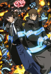 3girls 6+boys absurdres angry arthur_boyle assault_rifle black_hair blonde_hair blue_eyes breasts brown_hair character_request dutch_angle en&#039;en_no_shouboutai epaulettes fighting fire firefighter from_behind glasses gloves gun gustav_honda handgun hat highres hood iris_(enen_no_shouboutai) juggernaut_(enen_no_shouboutai) looking_at_viewer maki_oze medium_breasts multiple_boys multiple_girls necktie official_art pantyhose pink_eyes rifle shinra_kusakabe takehisa_hinawa takeru_noto tamaki_kotatsu torn_clothes torn_legwear underboob uniform viktor_licht vulcan_joseph weapon witch_hat yellow_eyes