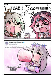 &gt;_&lt; 3girls absurdres animal_ears ascot beret black_hat cecilia_immergreen cecilia_immergreen_(1st_costume) closed_eyes english_text green_hair grey_hair hat highres holding holding_milk_carton hololive hololive_english koseki_bijou koseki_bijou_(1st_costume) long_hair milk_carton multicolored_hair multiple_girls open_mouth panther_ears panther_girl pink_hair raora_panthera raora_panthera_(1st_costume) seapupu strawberry_milk streaked_hair tweet very_long_hair virtual_youtuber white_ascot