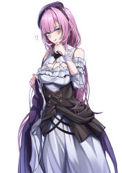 Rule 34 | 1girl, absurdres, bare shoulders, black corset, black hairband, blush, breasts, cleavage, closed mouth, commentary request, corset, dress, earrings, elysia (honkai impact), elysia (sweet memories) (honkai impact), hairband, hat, heart, highres, honkai (series), honkai impact 3rd, jewelry, kamishiro noa, large breasts, long hair, looking at viewer, official alternate costume, pink hair, pink lips, pink pupils, pointy ears, purple eyes, purple hat, simple background, skirt hold, smile, solo, tongue, tongue out, white background, white dress, white wrist cuffs, wrist cuffs