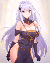 1girl absurdres adapted_costume albedo_(overlord) albedo_(overlord)_(cosplay) bare_shoulders black_dress black_gloves blue_pupils breasts cleavage commission commissioner_upload cosplay covered_navel cowboy_shot dress elbow_gloves elf gem gloves hair_ornament hairpin highres hip_vent large_breasts long_hair looking_at_viewer low_neckline no_bra no_horns no_panties non-web_source off-shoulder_dress off_shoulder orange_trim overlord_(maruyama) pointy_ears purple_eyes re:zero_kara_hajimeru_isekai_seikatsu red_gemstone satella_(re:zero) smile solo thighs tight_clothes tight_dress truejekart white_hair