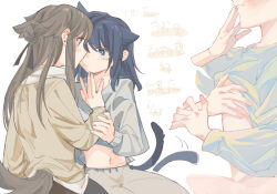 Rule 34 | 2girls, animal ears, artist request, blue eyes, blue hair, blue shirt, blush, brown hair, brown shirt, cat ears, cat girl, cat tail, chinese commentary, clothes lift, commentary request, commission, dog ears, dog girl, dog tail, eye contact, grabbing another&#039;s breast, grey shirt, groping, hand on another&#039;s face, highres, holding another&#039;s wrist, kemonomimi mode, lanserongjie, long hair, long sleeves, looking at another, miyagi shiori, multiple girls, parted lips, second-party source, sendai hazuki, shirt, shirt lift, shuuniichido classmate wo kau hanashi, tail, tail wagging, translation request, white background, yuri