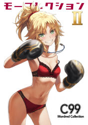 1girl bad_id bad_twitter_id bare_shoulders blonde_hair boxing_gloves boxing_ring bra braid breasts collarbone fate/apocrypha fate_(series) female_focus green_eyes grin hair_ornament hair_scrunchie half_up_braid highres jewelry long_hair looking_at_viewer mordred_(fate) mordred_(fate/apocrypha) necklace orange_hair panties parted_bangs ponytail red_bra red_panties ribs scrunchie short_hair sidelocks simple_background small_breasts smile solo thighs tonee underwear underwear_only white_background