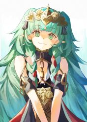 1girl absurdres amef bare_shoulders black_dress braid closed_mouth clothing_cutout commentary_request dress fire_emblem fire_emblem:_three_houses green_eyes green_hair head_tilt highres jewelry long_hair looking_at_viewer nintendo pointy_ears simple_background smile solo sothis_(fire_emblem) twin_braids twintails very_long_hair white_background