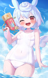 1girl ;d absurdres bare_arms bare_shoulders blue_hair blue_sky blush breasts cloud cloudy_sky collarbone commentary_request covered_navel day gauge genshin_impact hair_between_eyes highres holding loli looking_at_viewer masaki_(msk064) multicolored_hair old_school_swimsuit one-piece_swimsuit one_eye_closed open_mouth outdoors red_eyes school_swimsuit sigewinne_(genshin_impact) sky small_breasts smile solo streaked_hair swimsuit teeth upper_teeth_only wading water white_hair white_one-piece_swimsuit white_wings wings