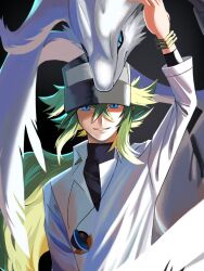 1boy baseball_cap black_background blue_eyes bracelet collared_shirt gen_5_pokemon green_hair hair_between_eyes hat highres jewelry legendary_pokemon long_hair male_focus n_(pokemon) necklace nintendo open_mouth parted_lips pokemon pokemon_(creature) pokemon_bw ponytail reshiram shirt simple_background smile teeth upper_body white_shirt zero_(sleepy_meltan)