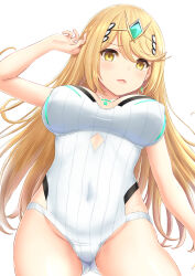 Rule 34 | 1girl, blonde hair, breasts, commentary request, core crystal (xenoblade), covered erect nipples, covered navel, cowboy shot, from below, gluteal fold, hand up, highres, inanaki shiki, large breasts, long hair, looking at viewer, mythra (radiant beach) (xenoblade), mythra (xenoblade), one-piece swimsuit, open mouth, simple background, solo, strapless, strapless one-piece swimsuit, swept bangs, swimsuit, tiara, white background, white one-piece swimsuit, xenoblade chronicles (series), xenoblade chronicles 2, yellow eyes
