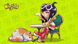 1boy 1girl ahoge belt belt_buckle belted_jacket bike_shorts black_gloves black_hair black_shorts bob_cut boots brown_pupils buckle character_background checkered_clothes checkered_jacket child closed_eyes collared_jacket commentary_request copyright_name copyright_notice crossed_legs elbow_on_table english_text eyelashes eyewear_on_head fingerless_gloves flat_chest gloves goro_(ninjala) gumchi gungho halftone halftone_background high_collar jacket jane_(ninjala) large_tail logo medium_hair multicolored_jacket ninjala official_art on_chair open_mouth orange_fur orange_tail outline polka_dot polka_dot_background popped_collar purple_outline race_queen red_belt red_boots rianti-wong second-party_source shadow shorts shuriken simple_background sitting skinny sleeping sleeveless sleeveless_jacket steam sunglasses swept_bangs table tail two-tone_jacket weapon whiskers white-framed_eyewear white_fur white_tail yellow_eyes