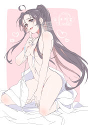 1girl absurdres ahoge bed_sheet black_eyes black_hair blush breasts completely_nude convenient_censoring dated doodle_inset finger_to_mouth genderswap genderswap_(mtf) heart highres holding holding_ribbon implied_hetero kimako_(kimako_8) kneeling long_hair looking_at_viewer medium_breasts modao_zushi naked_sheet navel nipples nude on_bed open_mouth pink_background ponytail ribbon sidelocks smile solo twitter_username very_long_hair watermark wei_wuxian white_ribbon