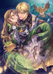 1boy 1girl bird black_jacket blonde_hair book breasts brown_hair carrying carrying_person character_request commentary_request copyright_request cover cover_page dress earrings eye_contact gloves gown green_dress green_eyes half-closed_eyes hetero high_heels highres holding holding_book holding_pen jacket jacket_on_shoulders jewelry long_hair looking_at_another magic_circle mask medium_breasts novel_cover official_art open_book parted_lips pen princess_carry pumps shigaraki_(strobe_blue) shoes short_hair sky star_(sky) starry_sky textless_version unworn_mask white_gloves white_shoes yellow_eyes