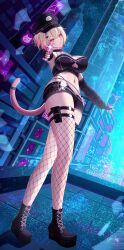 1girl aiming aiming_at_viewer black_boots blonde_hair boots breasts cat_tail clothing_cutout commission detached_sleeves eeyoosekedooaat finger_on_trigger fishnet_thighhighs fishnets from_below full_body gun handgun highres holding holding_gun holding_weapon indie_virtual_youtuber large_breasts long_sleeves midriff navel pink_eyes pink_hair pink_tail platform_boots short_hair solo tail thighhighs underboob_cutout vgen_commission virtual_youtuber weapon