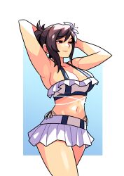 1girl absurdres arms_behind_back arms_up bare_shoulders bikini bikini_skirt black_hair border breasts brown_eyes cleavage closed_mouth collarbone commentary cowboy_shot english_commentary final_fantasy final_fantasy_vii final_fantasy_vii_rebirth final_fantasy_vii_remake flower frilled_bikini frills hair_flower hair_ornament hair_up halterneck highleg highleg_bikini highres large_breasts long_hair navel official_alternate_costume official_alternate_hairstyle outside_border side-tie_bikini_bottom sidelocks smile solo stomach swimsuit tifa_lockhart tifa_lockhart_(shining_spirit) timtam white_bikini white_border white_flower