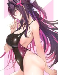 1girl alternate_costume arm_behind_back azki_(hololive) backless_swimsuit black_hair black_one-piece_swimsuit braid breasts cleavage colored_inner_hair commentary_request covered_navel from_side hair_intakes hair_ornament hairclip half_up_half_down_braid hand_up highleg highleg_one-piece_swimsuit highres hololive long_hair medium_breasts multicolored_hair nail_polish omoti_(1201208) one-piece_swimsuit pink_hair pink_nails purple_eyes purple_one-piece_swimsuit sidelocks solo swimsuit two-tone_one-piece_swimsuit very_long_hair virtual_youtuber