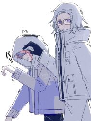 2boys aotsuki_eito black_gloves black_hair drawstring glasses gloves hood hood_up hoodie jacket long_sleeves looking_at_viewer male_focus multicolored_hair multiple_boys parted_hair purple_eyes red_hair simple_background standing sumino_takumi the_hundred_line_-last_defense_academy- white_background white_hair white_hoodie white_jacket