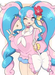1girl :3 absurdres black_outline blue_eyes blue_hair blue_skirt border bow breasts collar commentary commission creatures_(company) daigada earrings english_commentary fairy_miku_(project_voltage) flower game_freak hair_flower hair_ornament hatsune_miku heart_collar highres jewelry large_breasts multicolored_hair nail_polish nintendo one_eye_closed open_mouth orange_background outline pastel_colors pink_hair pink_nails pink_shirt plaid_clothes plaid_skirt pokemon project_voltage ribbon shirt skirt solo thighs two-tone_hair v vocaloid white_border white_bow white_ribbon