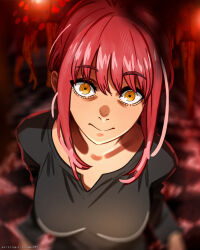 1girl absurdres arm_behind_back artist_name black_shirt blurry blurry_foreground breasts chainsaw_man checkered_floor closed_mouth collarbone commentary constricted_pupils creepy depth_of_field english_commentary eyebrows_hidden_by_hair female_focus hair_between_eyes highres indoors leaning_forward long_hair long_sleeves looking_at_viewer makima_(chainsaw_man) medium_breasts ponytail red_hair ringed_eyes shadow shirt smile solo staring stepkingo_art upper_body yellow_eyes