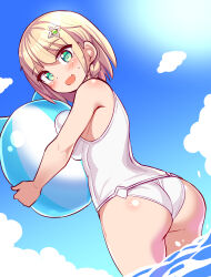 1girl ass ball bare_shoulders beachball blonde_hair blush breast_press breasts cougar_(cougar1404) fang from_behind green_eyes hair_ornament hairclip large_breasts looking_at_viewer one-piece_swimsuit open_mouth original short_hair sideboob skin_fang smile solo sweatdrop swimsuit water wedgie