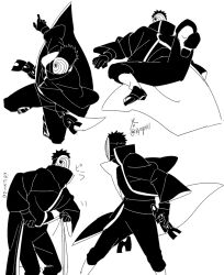Rule 34 | 1boy, akatsuki uniform, black gloves, full body, gloves, mask, monochrome, multiple views, naruto (series), naruto shippuuden, ninja, short hair, simple background, spiked hair, tobi (naruto), uchiha obito, white background, zifletts