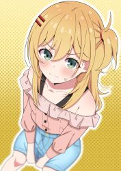 1girl absurdres blonde_hair blush bra_strap closed_mouth denim denim_skirt from_above green_eyes hibi_wa_sugiredo_meshi_umashi highres hoshi_nana hosinonana long_hair long_sleeves looking_at_viewer multiple_hair_clips nervous one_side_up pink_shirt polka_dot polka_dot_background shirt sitting skirt solo strapless sweatdrop yellow_background