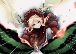 1girl blonde_hair blue_eyes bonnet capelet chopping commentary_request dress drill_hair drill_sidelocks flat_chest food frilled_capelet frilled_dress frilled_sleeves frills fruit full_body hair_between_eyes highres kiru_(m_putorius) lolita_fashion long_dress long_hair long_sleeves looking_at_viewer motion_lines open_mouth pantyhose red_capelet red_dress red_headwear rozen_maiden shinku sidelocks solo twintails very_long_hair watermelon white_pantyhose