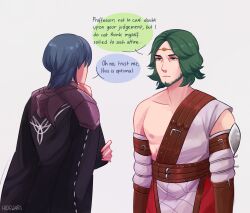 Rule 34 | 2boys, absurdres, artist name, beard, blue hair, circlet, closed mouth, commentary, english commentary, facial hair, fire emblem, fire emblem: three houses, green hair, hand on own chin, hidewari, highres, looking at another, male byleth (fire emblem), male focus, multiple boys, nintendo, nipples, seteth (fire emblem), speech bubble, white background