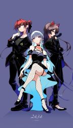 3girls ange_katrina biting biting_glove black_gloves black_shirt crossed_legs fishnet_thighhighs fishnets gloves inui_toko lize_helesta multiple_girls nijisanji red_hair shirt sitting standing terea236565905 thighhighs virtual_youtuber