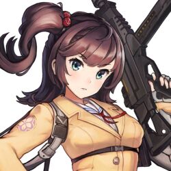 1girl aqua_eyes blunt_bangs breasts brown_hair eyebrows_hidden_by_hair female_focus fingerless_gloves game_cg gloves gun hair_bobbles hair_ornament hair_tuft head_tilt holding holding_gun holding_rifle holding_weapon jacket last_origin long_hair looking_at_viewer medium_breasts official_art paintale parted_lips ponytail red_ribbon ribbon rifle sailor_collar school_uniform shoulder_strap side_ponytail tomo_(last_origin) transparent_background upper_body weapon