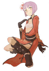 Rule 34 | 0123456789, 1girl, boots, female focus, gloves, open clothes, open robe, original, purple hair, robe, sarashi, short hair, solo, umakura, yellow eyes