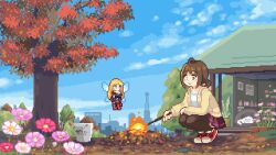 1girl :d :o animal animated animated_gif autumn_leaves black_thighhighs blonde_hair blue_sky brown_eyes brown_hair bucket bug cat closed_eyes converse day dragonfly eating fairy fairy_wings fire flower food holding holding_food holding_stick hood hooded_jacket insect jacket leaf low_twintails open_mouth original outdoors oyuzaki_(ayuzaki) pink_flower pixel_art purple_skirt red_footwear roasted_sweet_potato shoes short_twintails skirt sky smile squatting stick sweet_potato thighhighs tree twintails wings