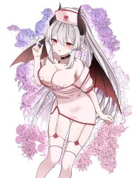 1girl absurdres bare_shoulders bat_wings black_choker black_horns breasts buttons chiawara choker cleavage collarbone cross cross_pasties dress flower garter_straps hat heart highres himasen holding holding_syringe horns indie_virtual_youtuber inverted_cross large_breasts long_hair nurse_cap off_shoulder pasties pink_flower pointy_ears purple_flower red_eyes second-party_source solo syringe thighhighs virtual_youtuber white_dress white_garter_straps white_hair white_thighhighs wings