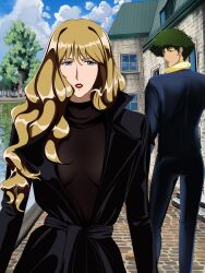 Rule 34 | absurdres, blonde hair, blue eyes, brown eyes, couple, cowboy bebop, curly hair, green hair, highres, hug, julia (cowboy bebop), spike spiegel