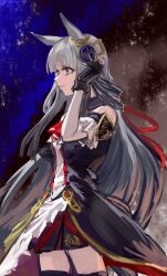 1girl animal_ears aura blue_eyes blush breasts chrono_genesis_(umamusume) commentary_request dark_aura detached_sleeves fingerless_gloves gloves grey_hair hair_between_eyes hair_ornament highres horse_girl inishie_kumo looking_at_viewer small_breasts solo thighhighs umamusume