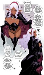 Rule 34 | 1girl, absurdres, black bustier, black thighhighs, boots, breasts, cleavage, cloak, dark-skinned female, dark elf, dark skin, elf, elf-san wa yaserarenai., english text, hairband, highres, kuroeda (elf-san wa yaserarenai.), large breasts, long hair, mole, mole under eye, multiple views, nico-neko, pointy ears, skull ornament, speech bubble, standing, thick thighs, thighhighs, thighs, thong, white hair