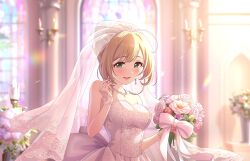 1girl ahoge blonde_hair blush bouquet breasts bridal_veil bride dress earrings embroidered_dress fingernails flower green_eyes holding holding_bouquet idolmaster idolmaster_cinderella_girls idolmaster_cinderella_girls_starlight_stage indoors jewelry large_breasts light_particles looking_at_viewer necklace official_alternate_costume official_art sato_shin smile solo stained_glass strapless strapless_dress upper_body veil wedding_dress white_dress