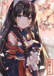 Rule 34 | 1girl, absurdres, animal, animal ears, arm garter, blue eyes, blunt bangs, blush, braid, breasts, brown hair, cherry blossoms, chinese zodiac, closed mouth, dog, dog ears, female focus, happy new year, highres, holding, holding animal, japanese clothes, kimono, kouyafu, large breasts, long hair, long sleeves, looking at viewer, multicolored eyes, new year, obi, original, outdoors, sash, scan, signature, smile, solo, upper body, very long hair, wide sleeves, year of the dog