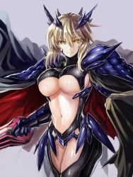 1girl armor armored_dress artoria_pendragon_(fate) artoria_pendragon_(lancer_alter)_(fate) blonde_hair blush breasts cape cleavage commentary_request cowboy_shot dress edobox fate/grand_order fate_(series) female_focus gauntlets horns large_breasts looking_at_viewer navel pauldrons shiny_clothes shiny_skin short_hair short_hair_with_long_locks shoulder_armor sideboob smile solo underboob yellow_eyes